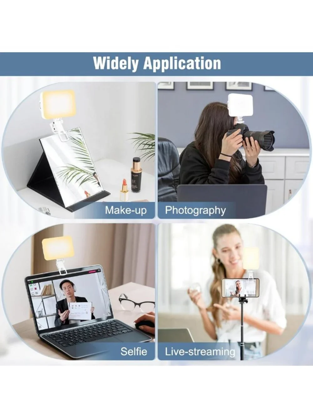 60 LED Portable Selfie Light with Clip & Tripod - Rechargeable, 9 Modes for